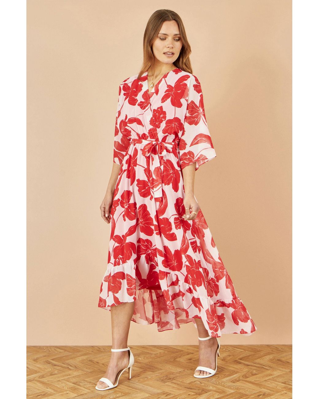 Yumi' Red Kimono Sleeves Dip Hem Wrap Midi Dress