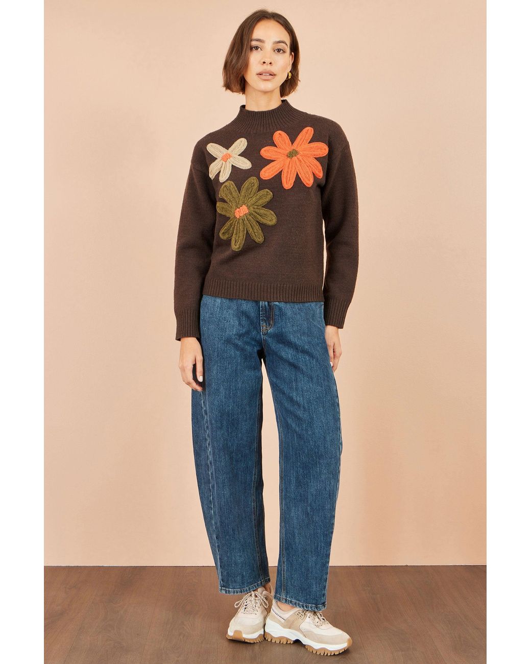 Yumi' Blue Knitted High Neck Jumper With Applique Flowers