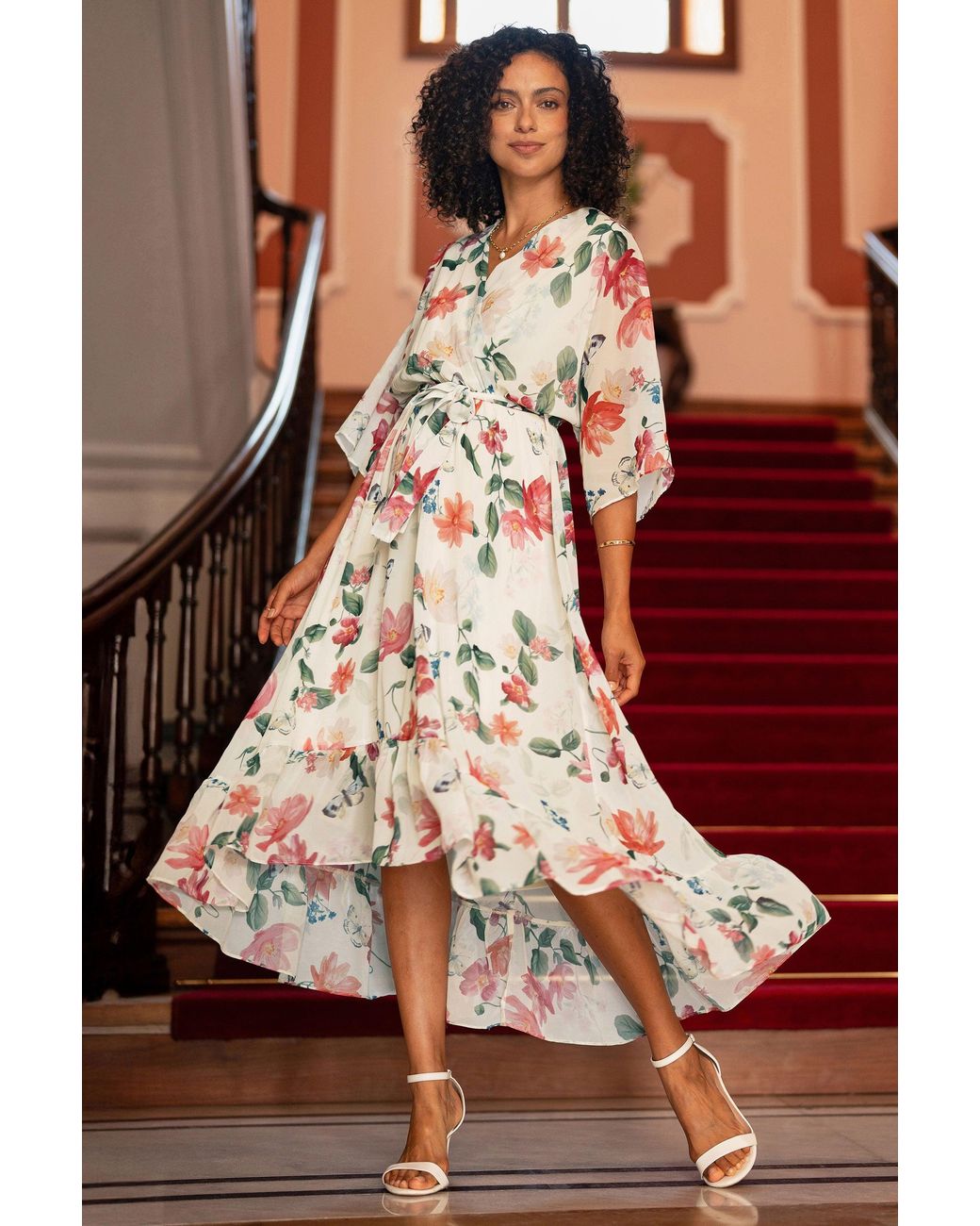Yumi' Red Floral Print Wrap Midi Dress With Dipped Hem