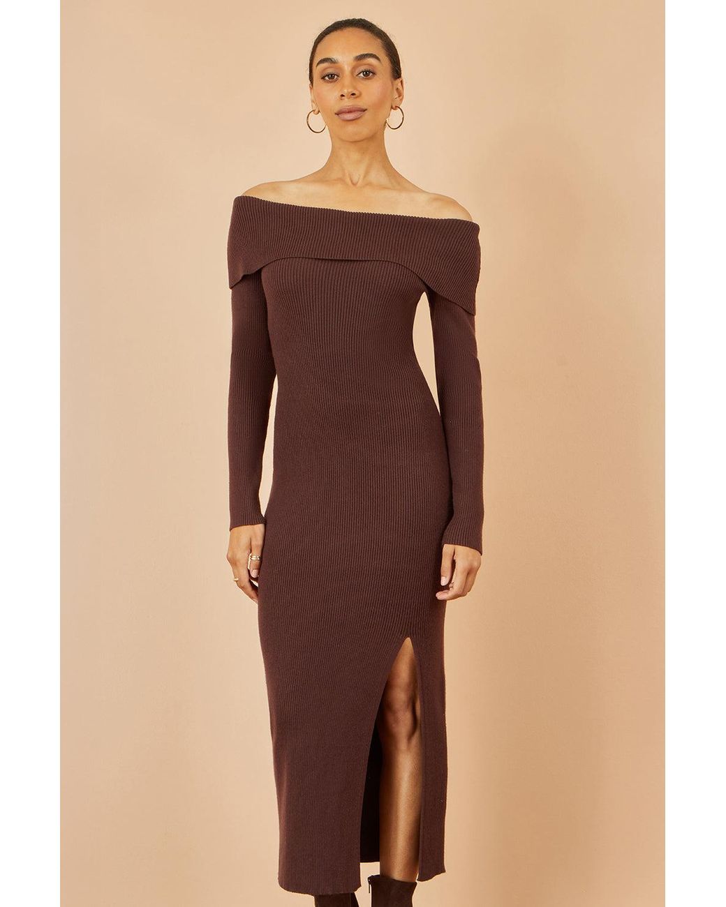 Yumi' Natural Bardot Knitted Fitted Midi Dress