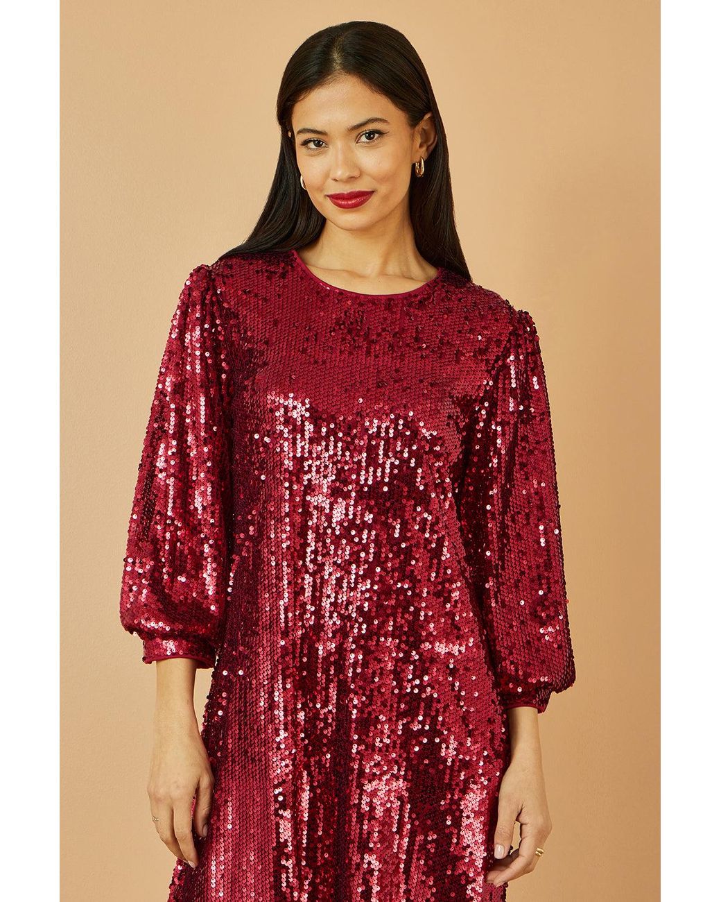 Yumi' Red Sequin Tunic Dress With Balloon Sleeves