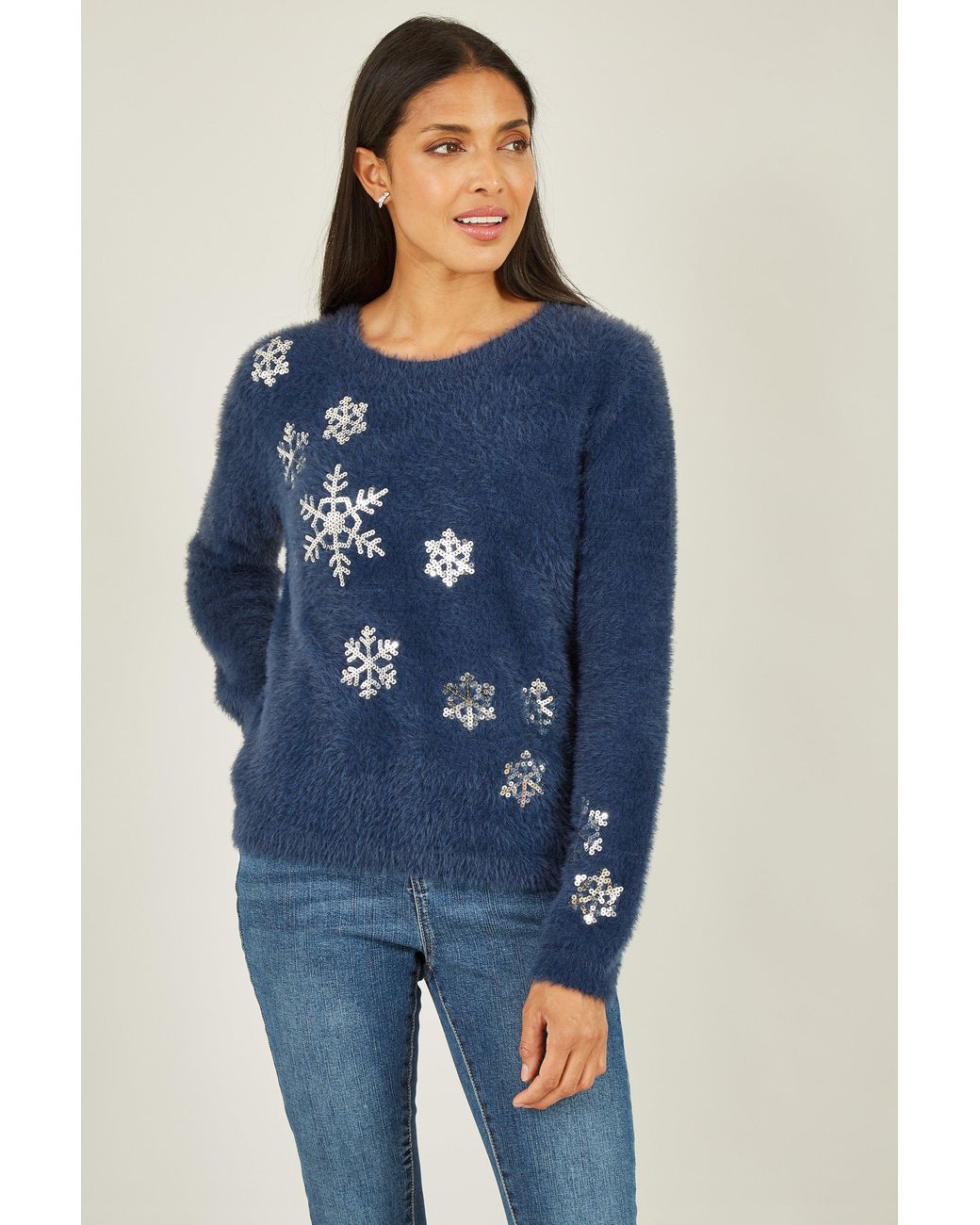 Yumi' Blue Sequin Snowflake Fluffy Jumper