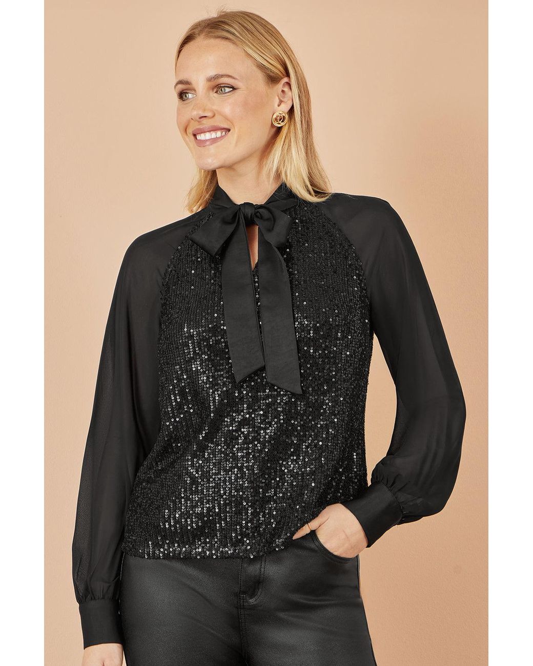Yumi' Black Sequin Pussy Bow Top