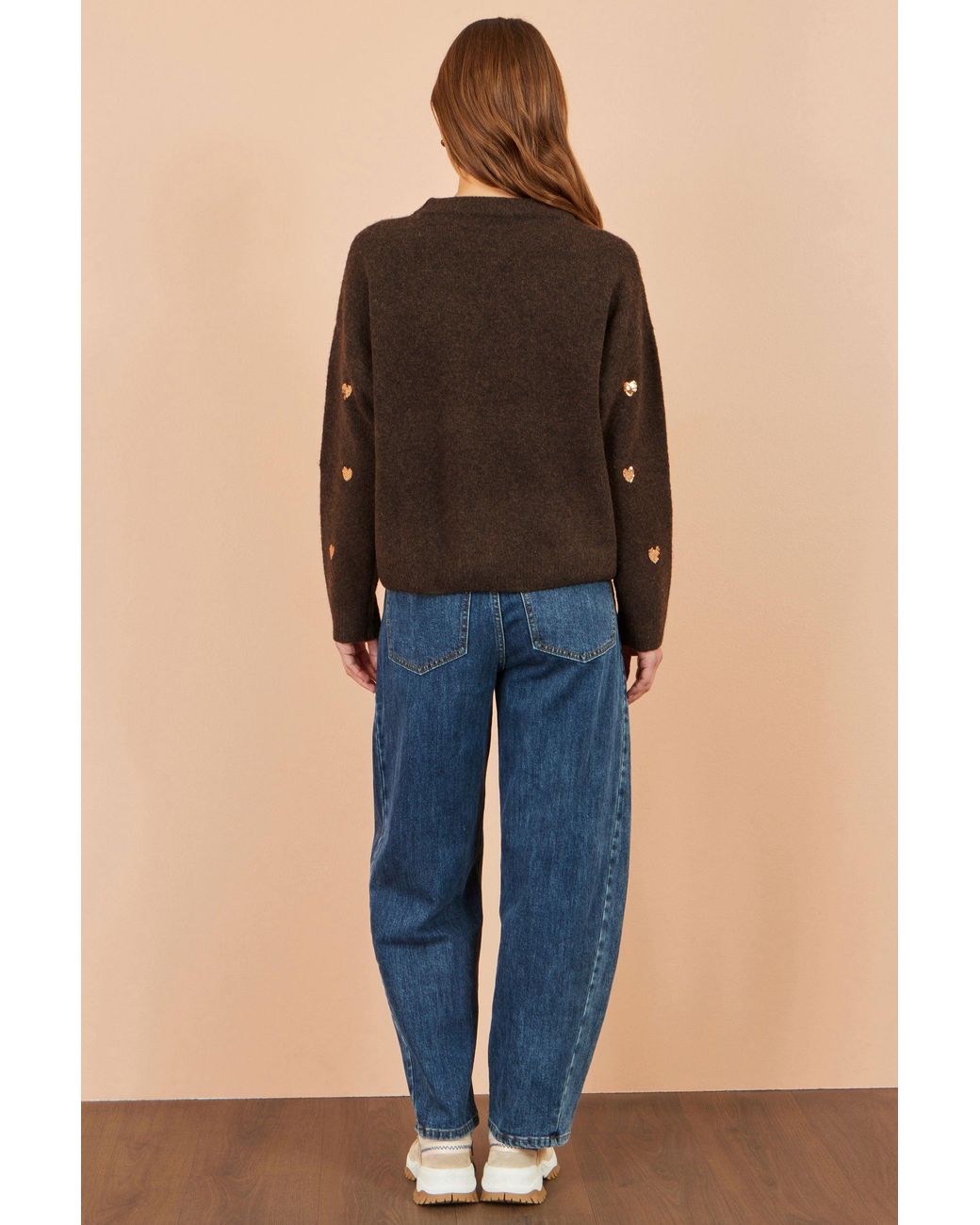 Yumi' Brown Sequin Heart Relaxed Jumper