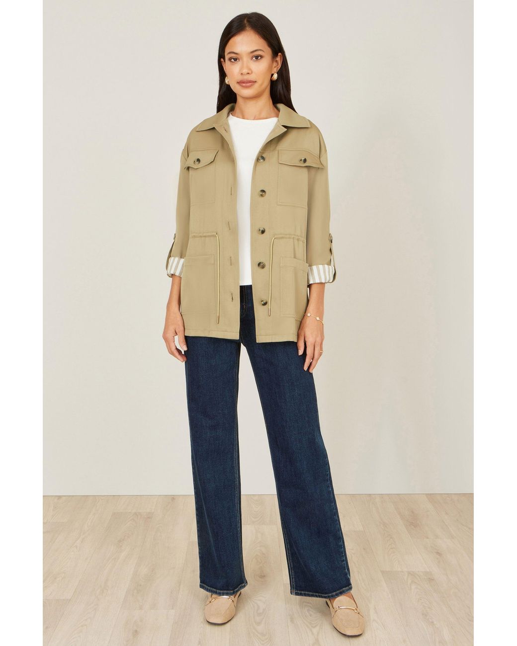 Yumi' Natural Utility Jacket With Drawstring Waist And Stripe Lining