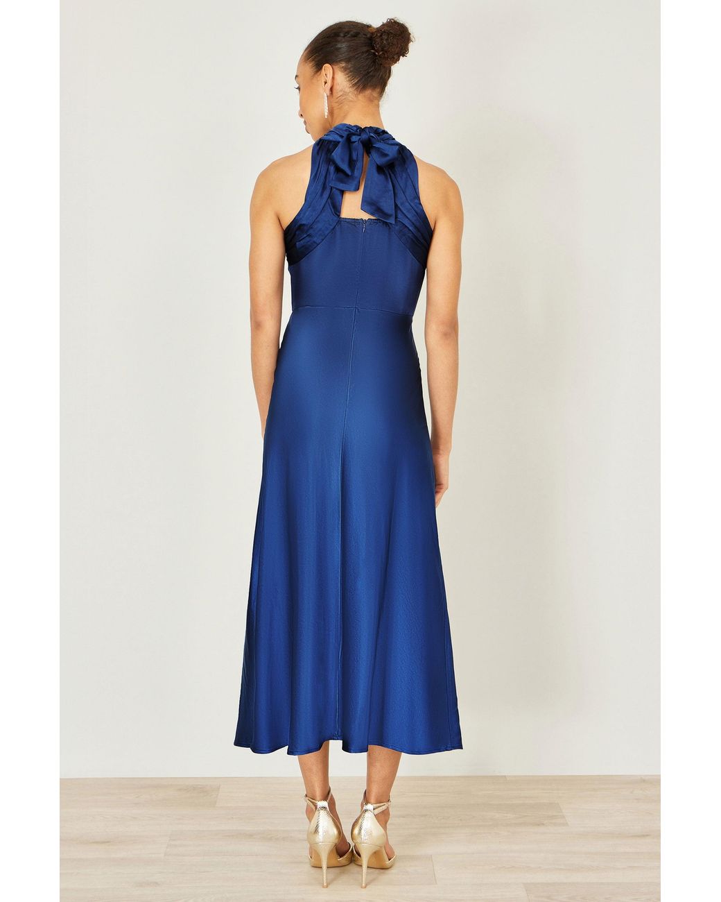 Yumi' Blue Satin Halter Neck Midi Dress