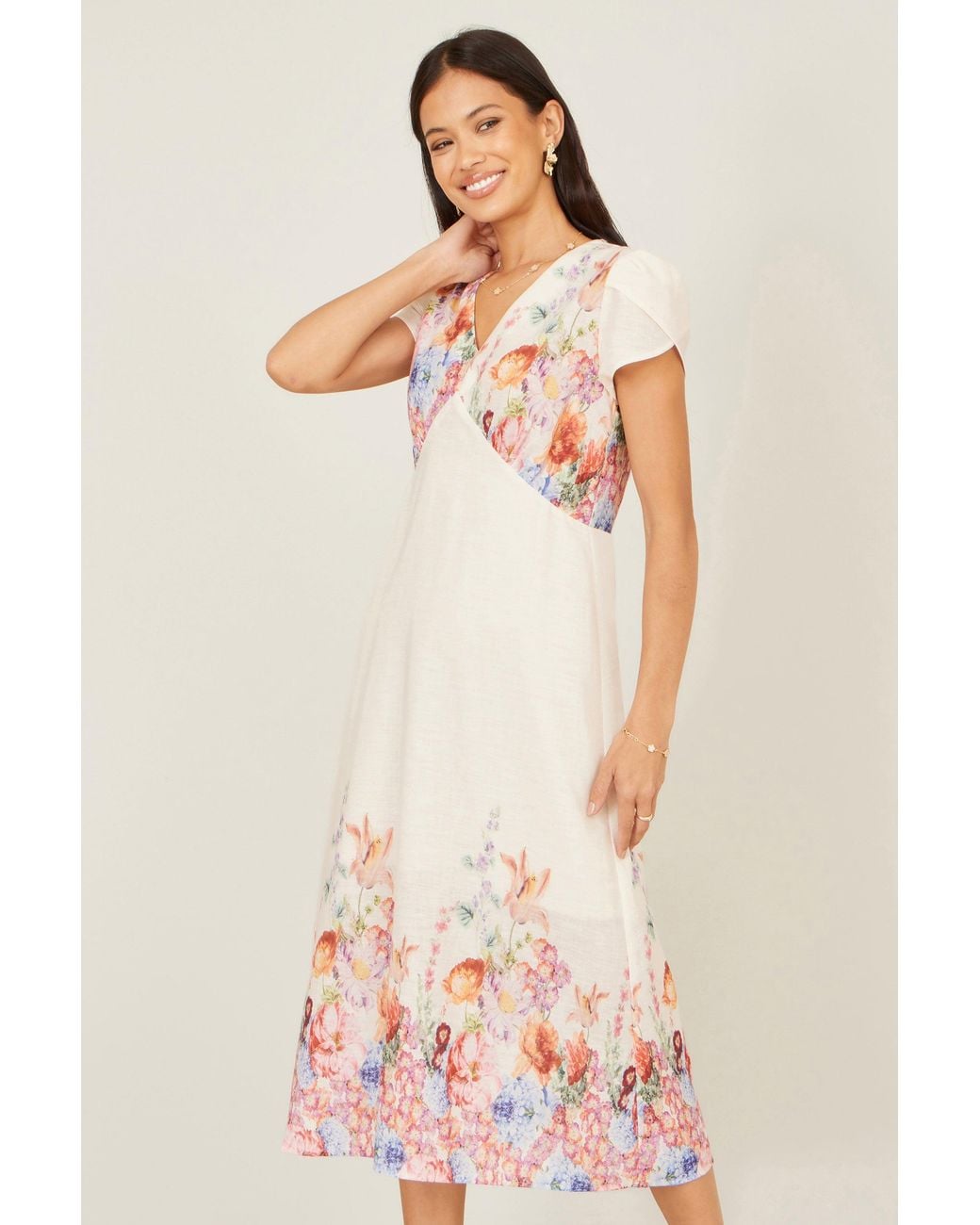 Yumi' Natural Border Floral Midi Dress