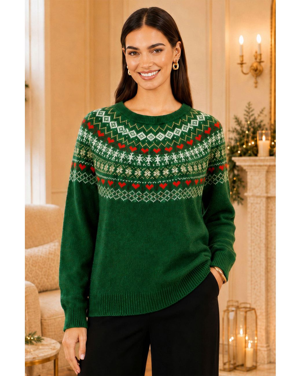 Yumi' Green Relaxed Fairisle Jumper