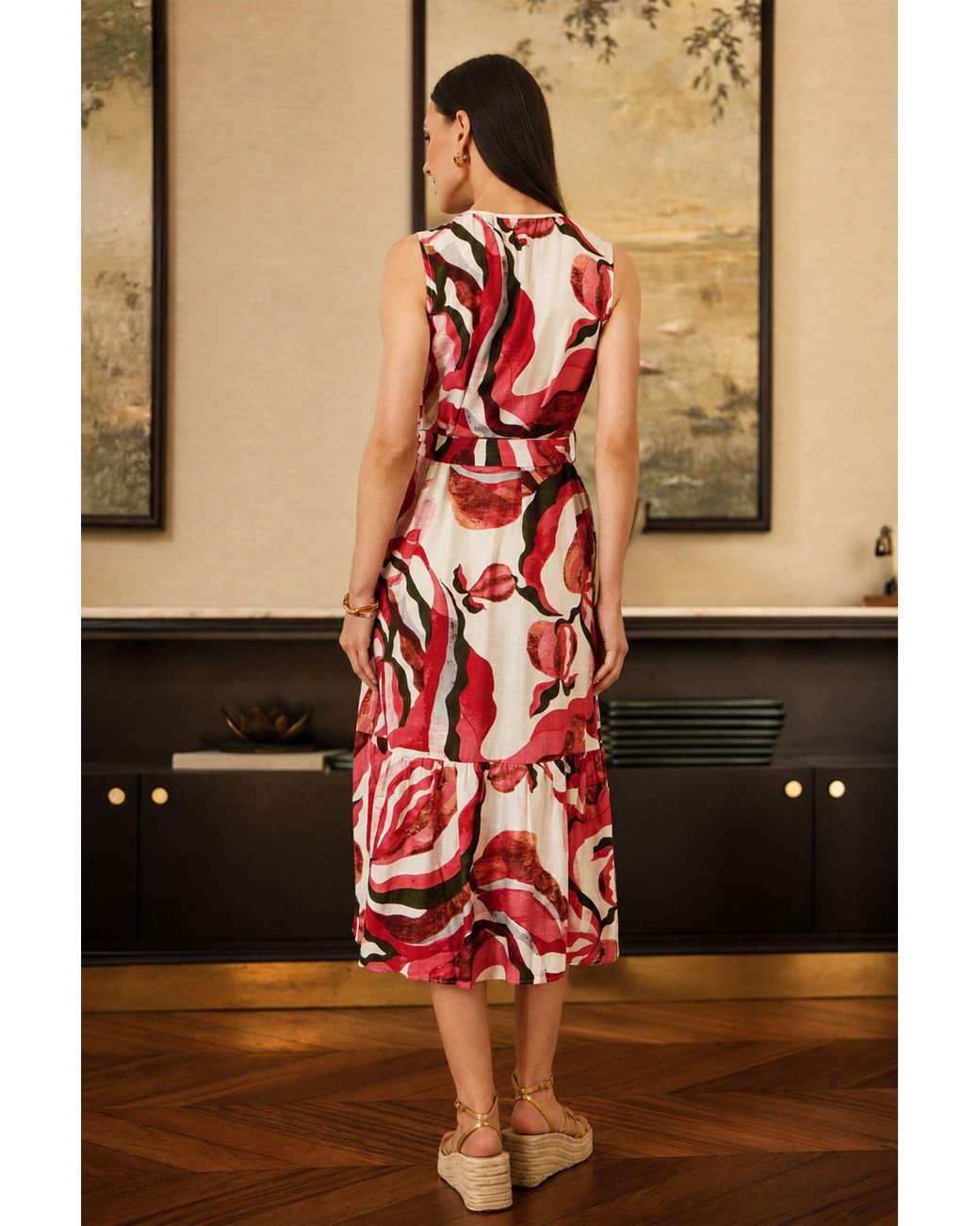 Yumi' Red Viscose Swirl Print Midi Dress