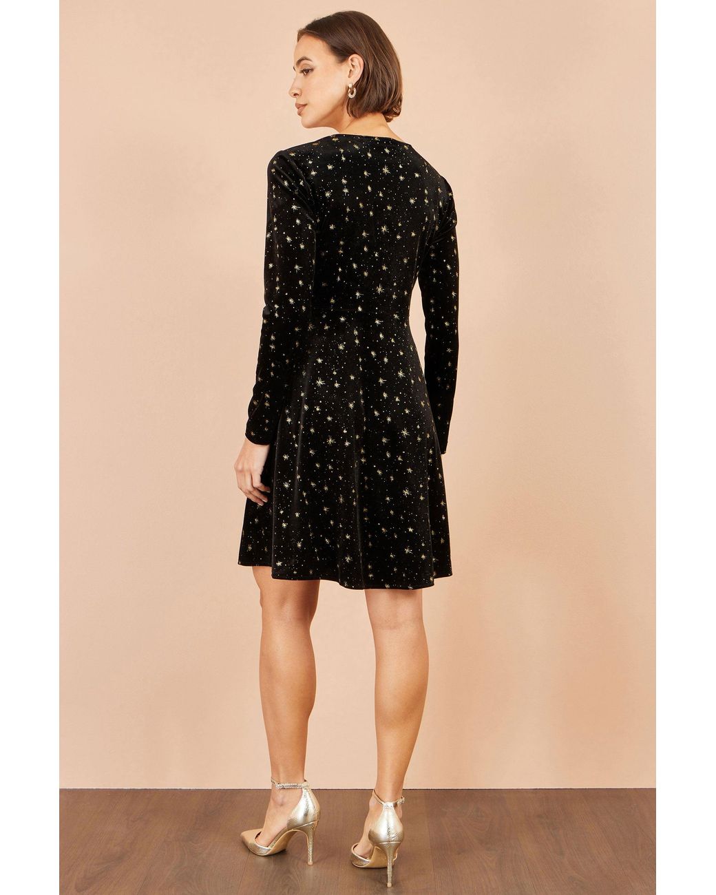 Yumi' Black Velvet Skater Dress With Foil Star Print