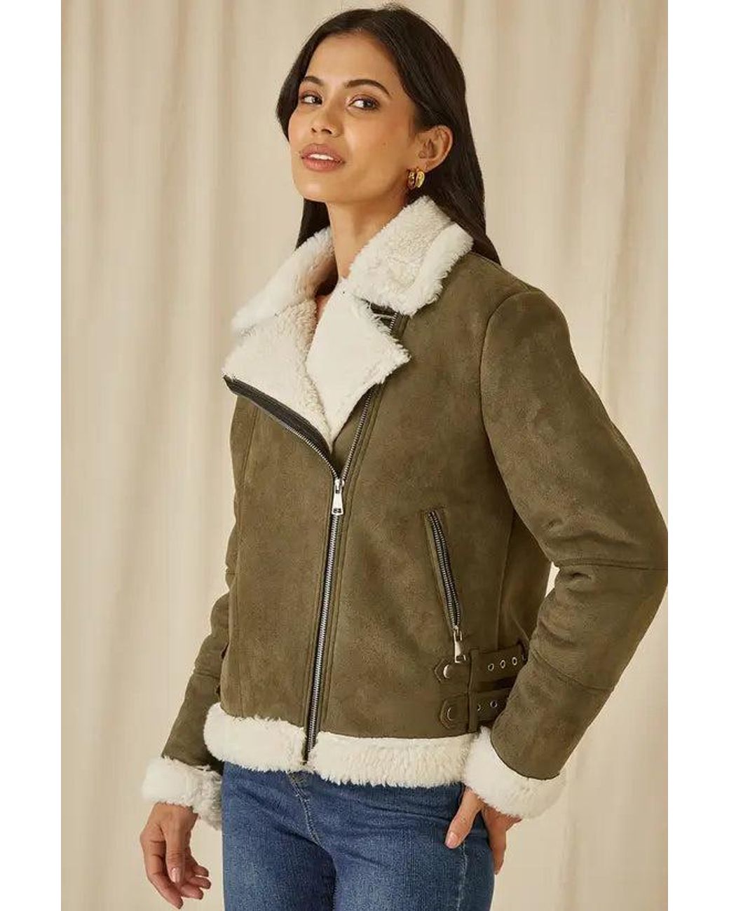 Yumi' Natural Faux Suede And Shearling Biker Jacket