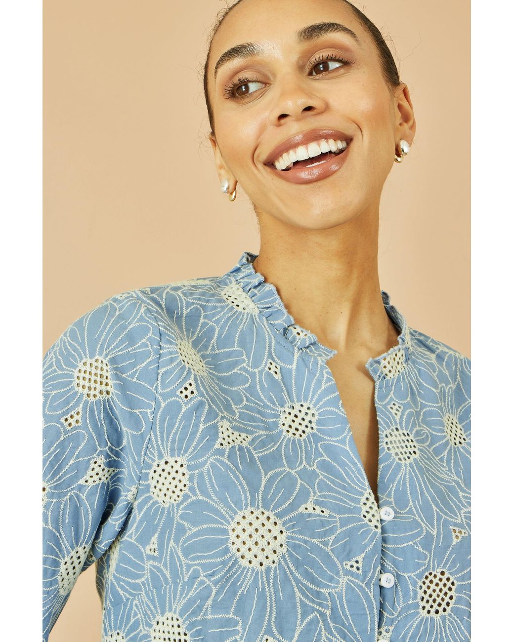 Yumi' Blue Daisy Broderie Shirt With Fluted Sleeves