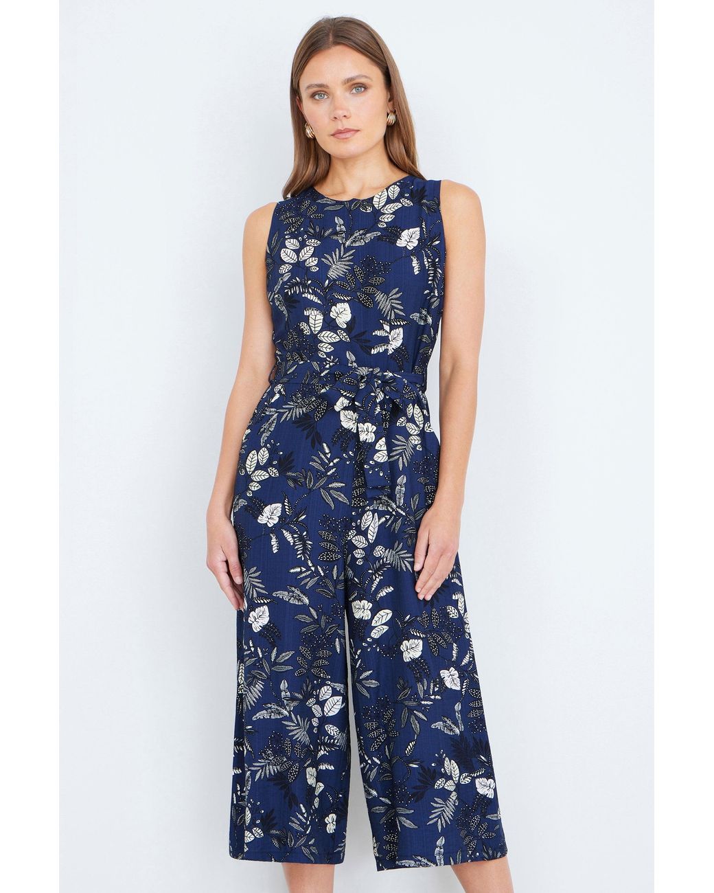 Yumi' Blue Leaf Culotte Jumpsuit