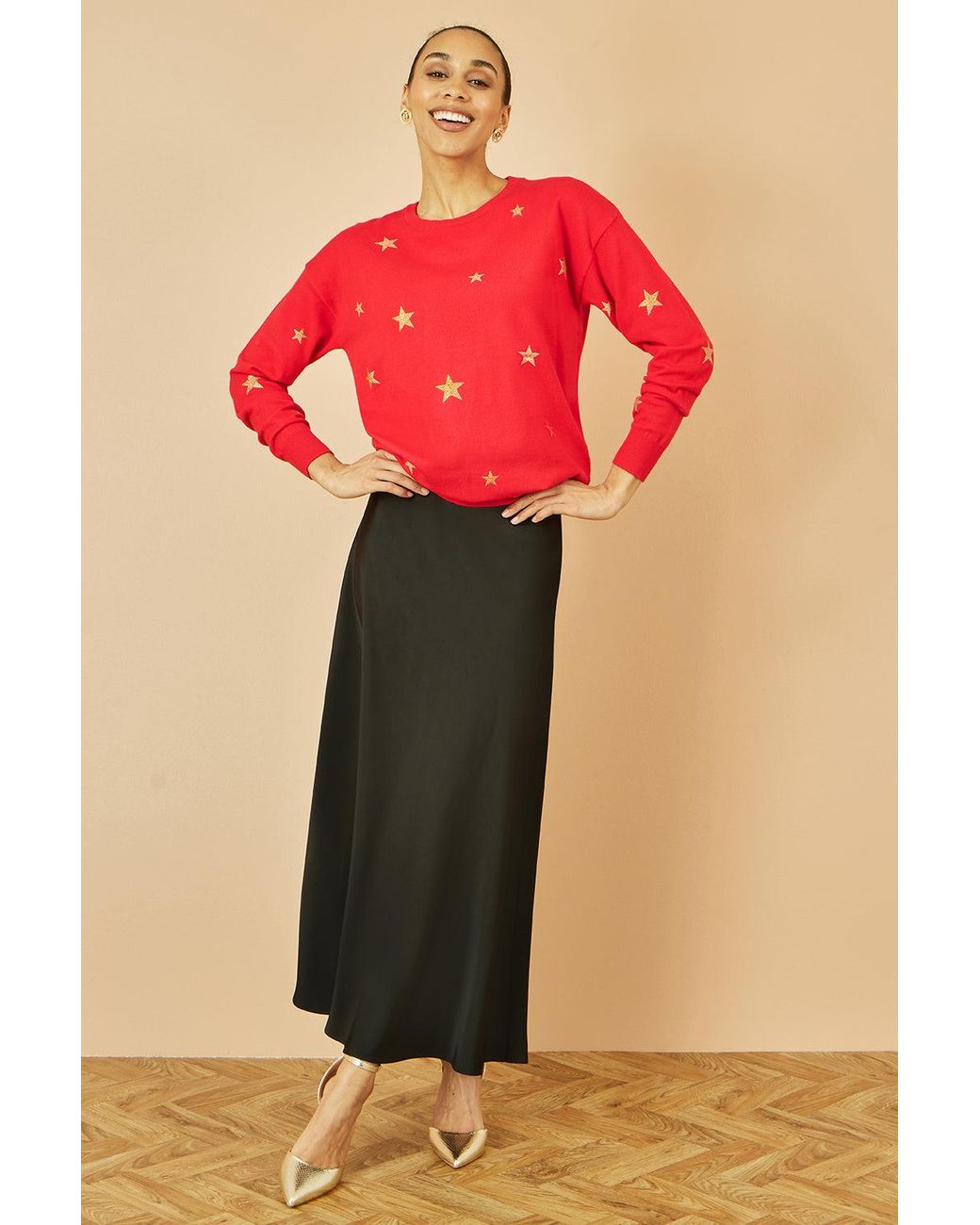 Yumi' Red Foil Star Print Relaxed Fit Jumper