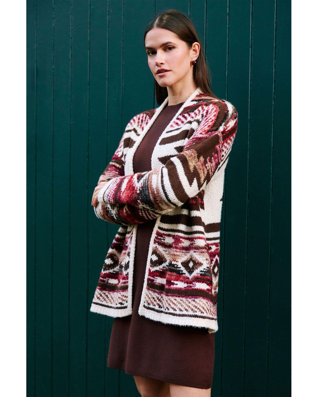 Yumi' Black Multicolour Aztec Boucle Open Cardigan