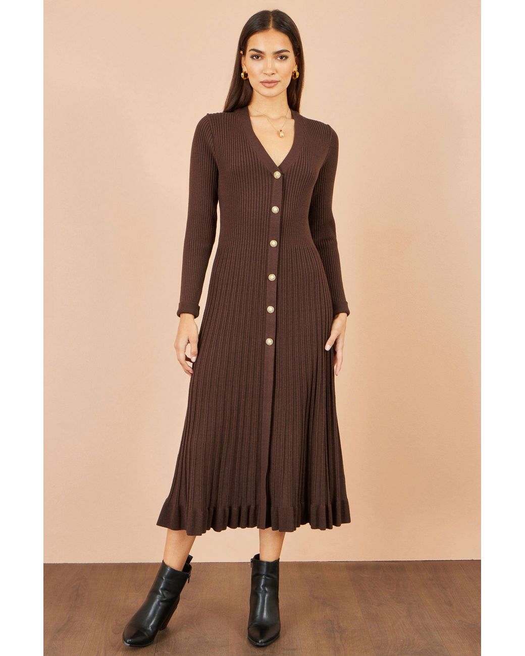 Yumi' Brown Viscose Knitted Midi Ribbed Dress