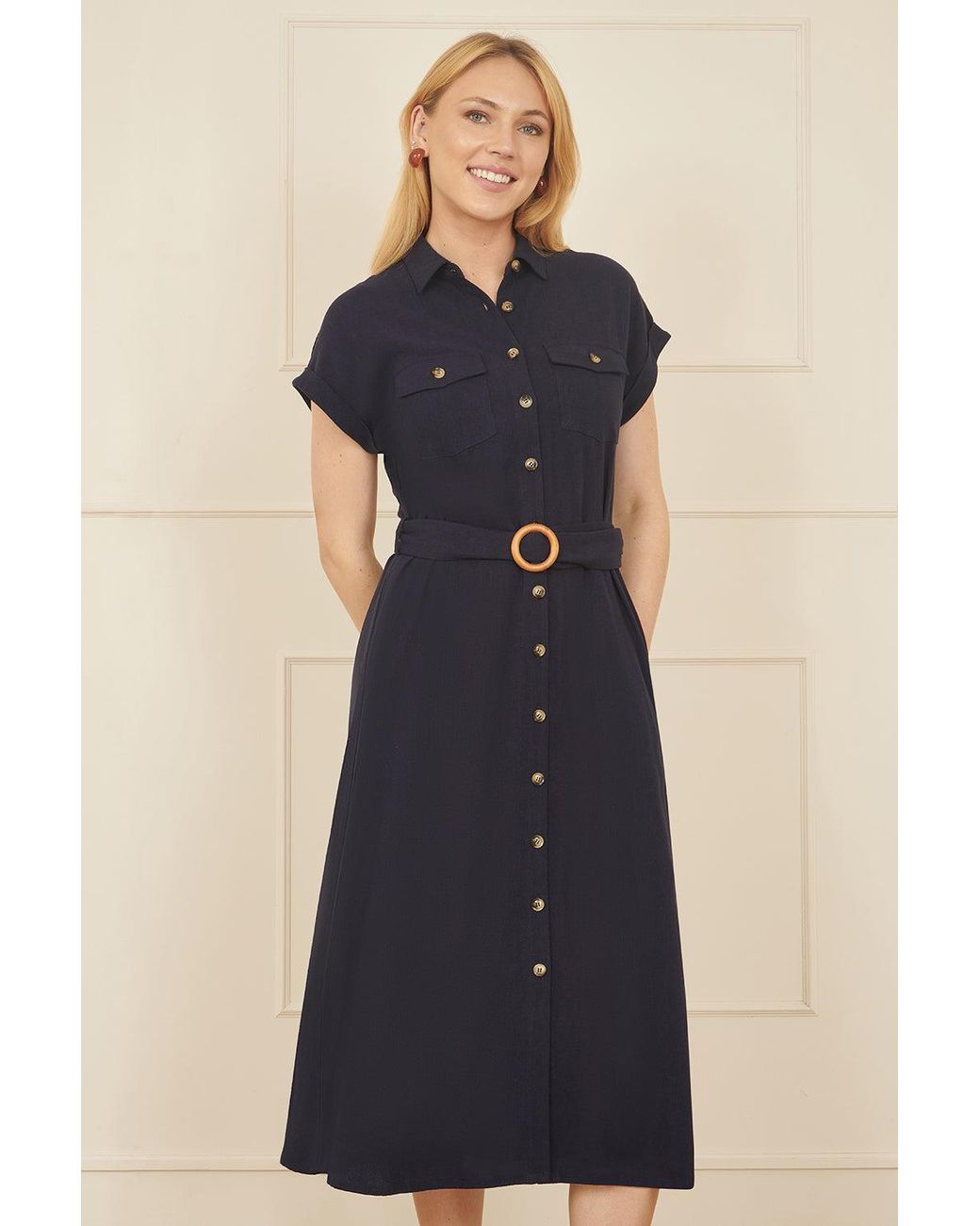 Yumi' Blue Viscose Linen Look Midi Shirt Dress With Wooden Belt
