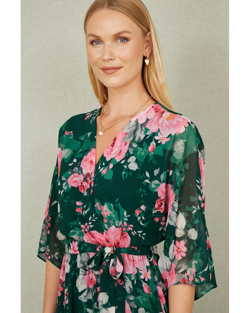 Yumi' Green Dark Kimono Sleeves Midi Dip Hem Wrap Midi Dress