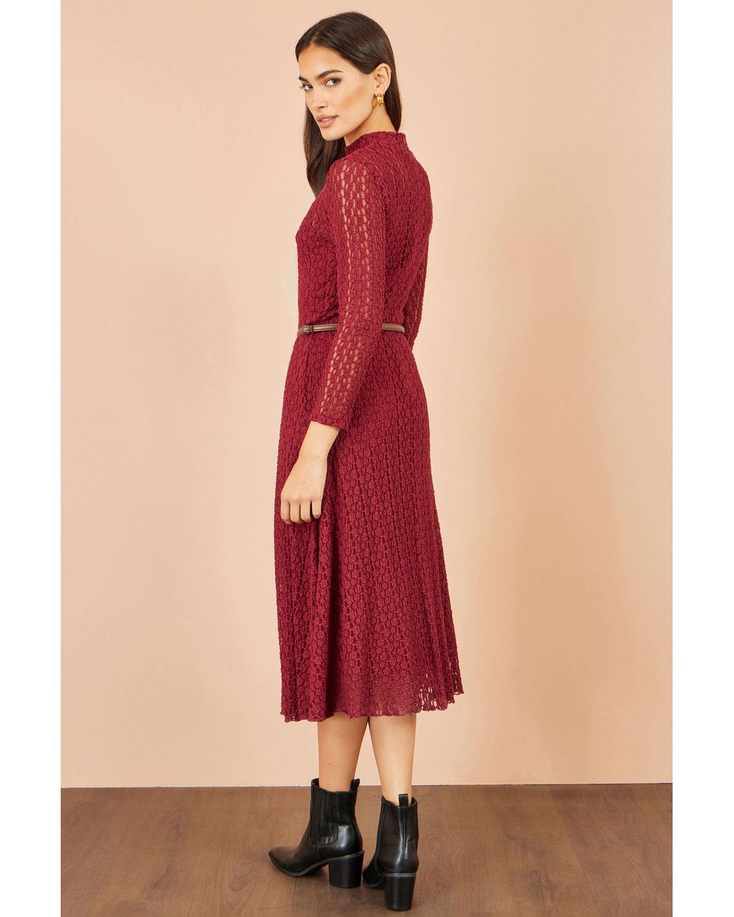 Yumi' Red High Neck Lace Midi Dress