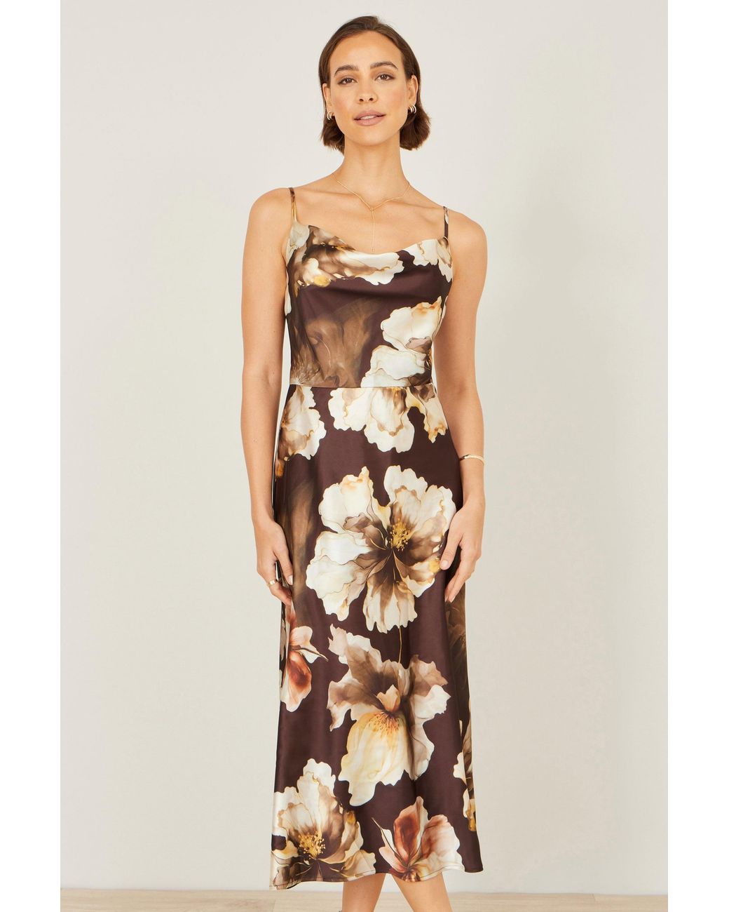 Yumi' Natural Cowl Neck Satin Floral Dress