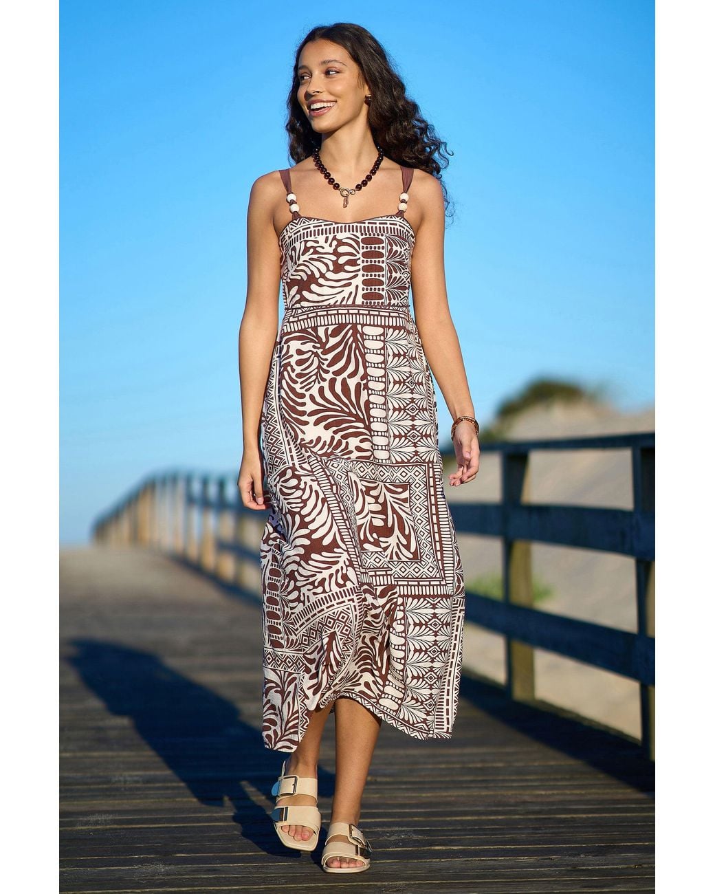 Yumi' Blue Tile Print Maxi Dress With Bead Details