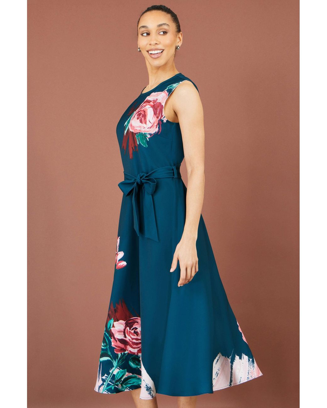 Yumi' Blue Abstract Floral Skater Midi Dress