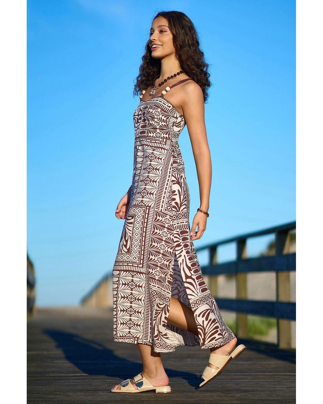 Yumi' Blue Tile Print Maxi Dress With Bead Details