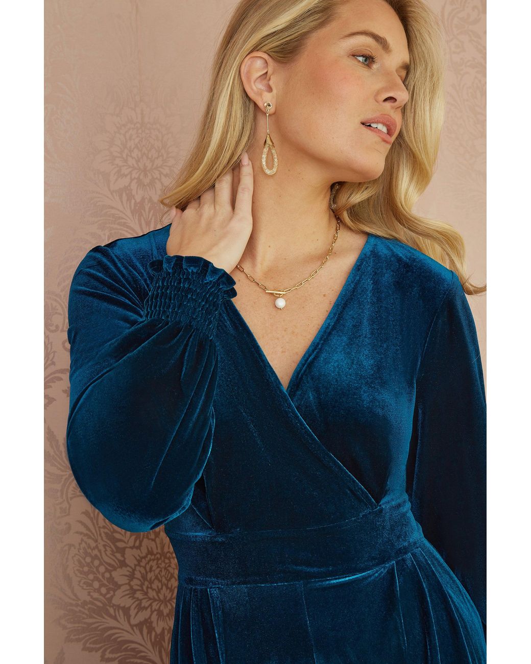 Yumi' Blue Velvet Long Sleeve Jumpsuit