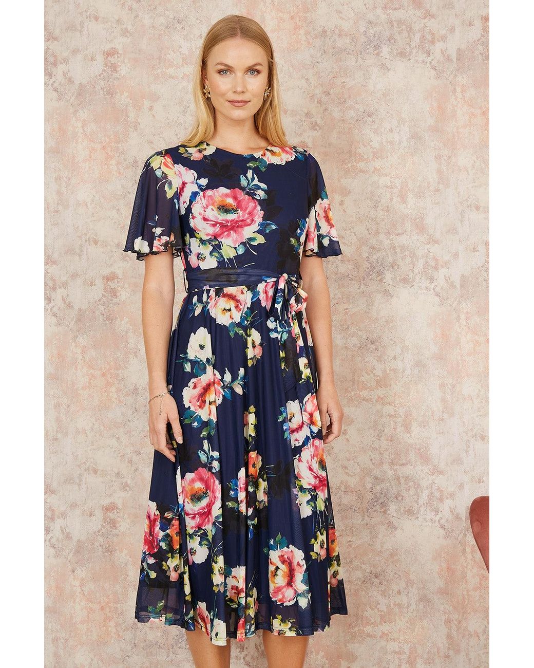 Yumi' Blue Mesh Floral Print Midi Dress With Angel Sleeves
