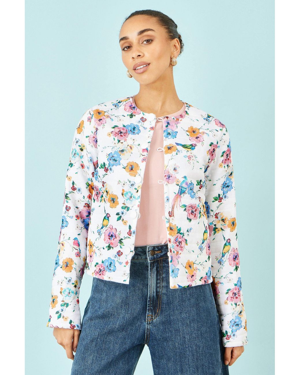 Yumi' Blue Floral Embroidery Reversible Cotton Jacket