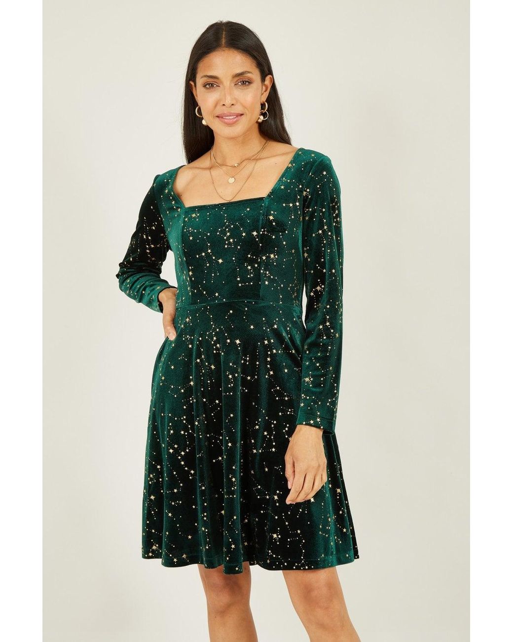 Mela London Mela Star Foil Print Long Sleeve Skater Dress in Green Lyst UK