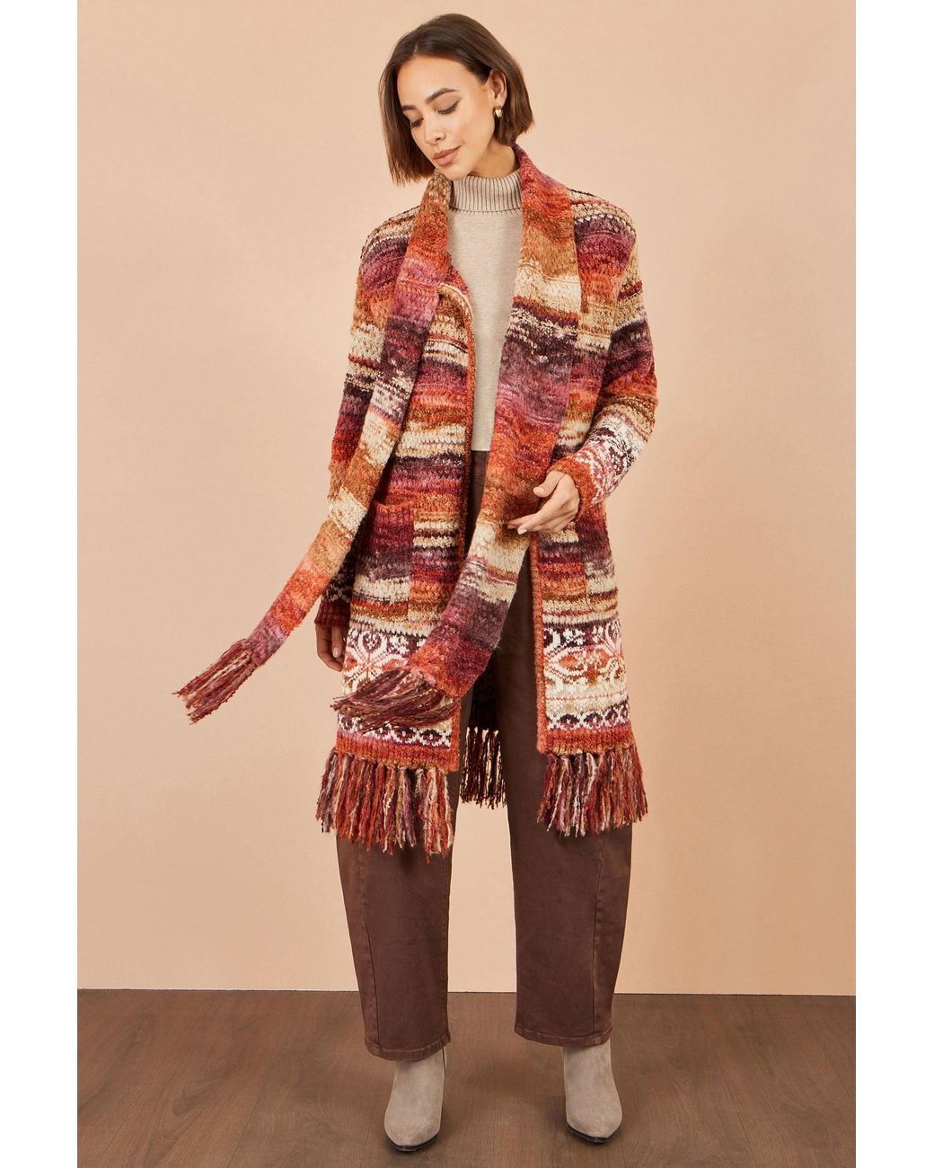 Yumi' Orange Boucle Soft Long Cardigan With Scarf