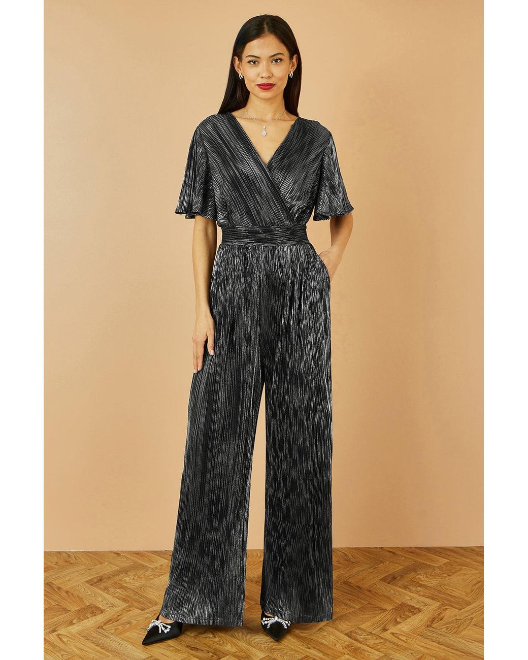 Yumi' Blue Metallic Pleated Jumpsuit With V Neck