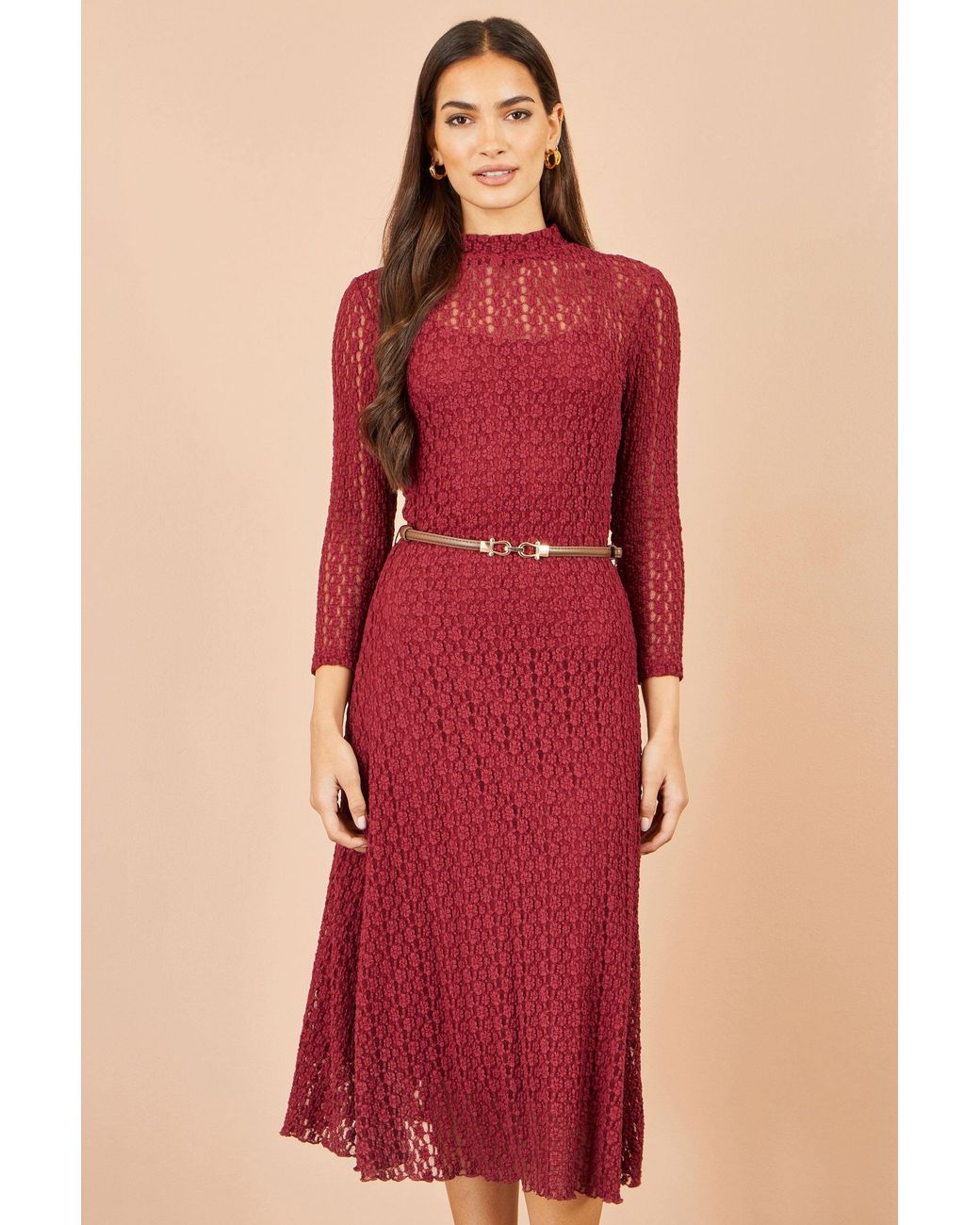 Yumi' Red High Neck Lace Midi Dress
