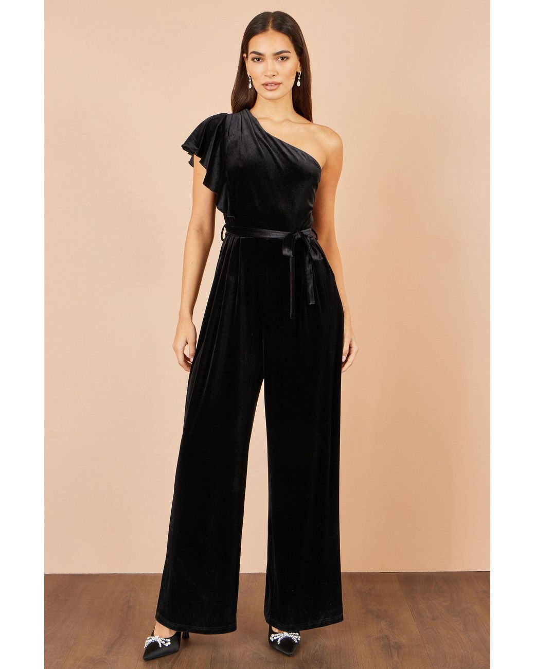 Yumi' Black One Shoulder Velvet Jumpsuit