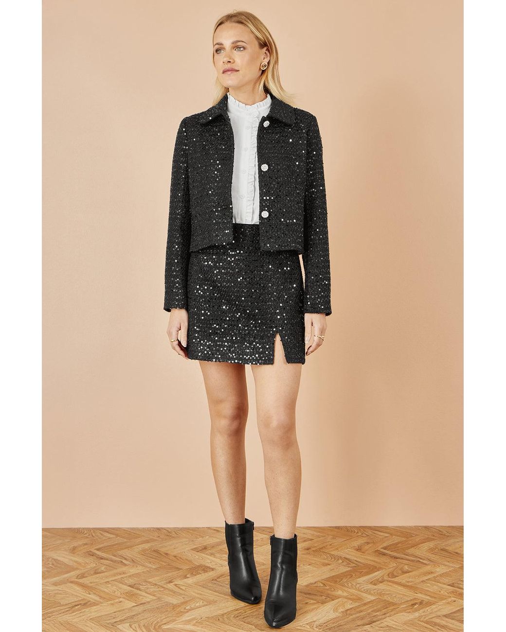 Yumi' Black Boucle Sequin Mini Skirt