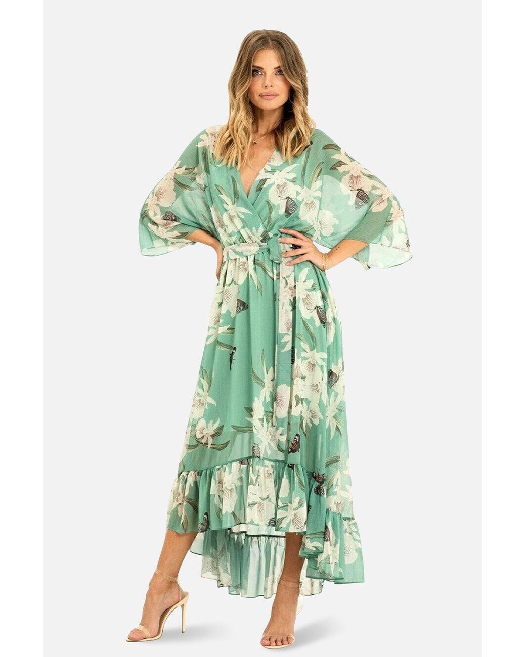 Yumi' Green Floral Kimono Sleeves Dip Hem Wrap Midi Dress