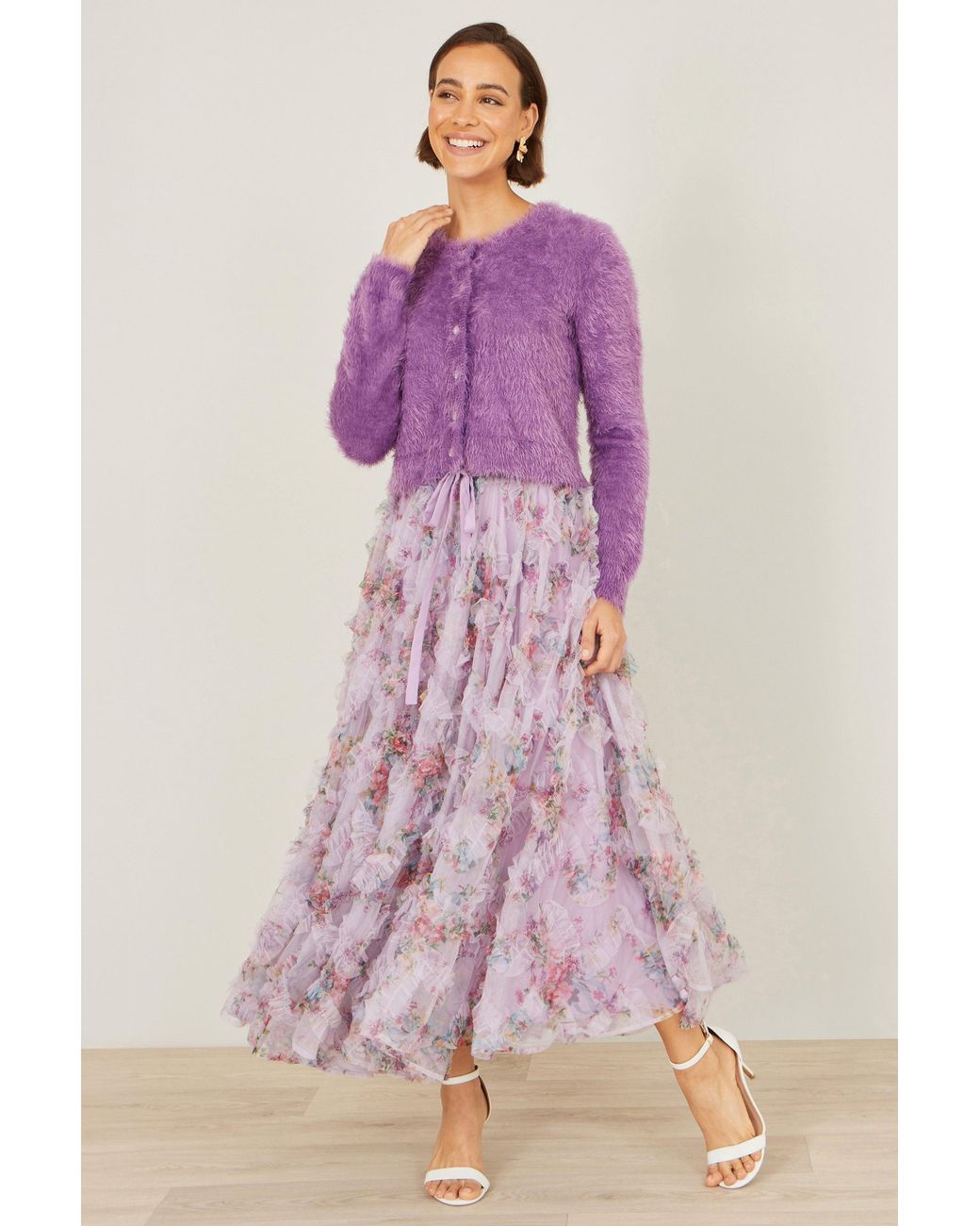 Yumi' Purple Eyelash Knit Cropped Cardigan
