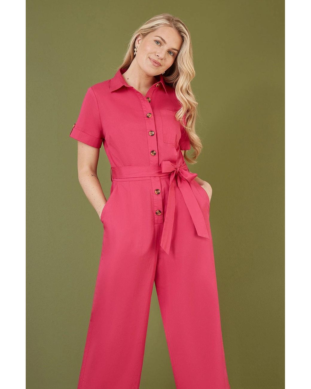 Yumi' Pink Viscose Twill Button Up Utility Style Jumpsuit
