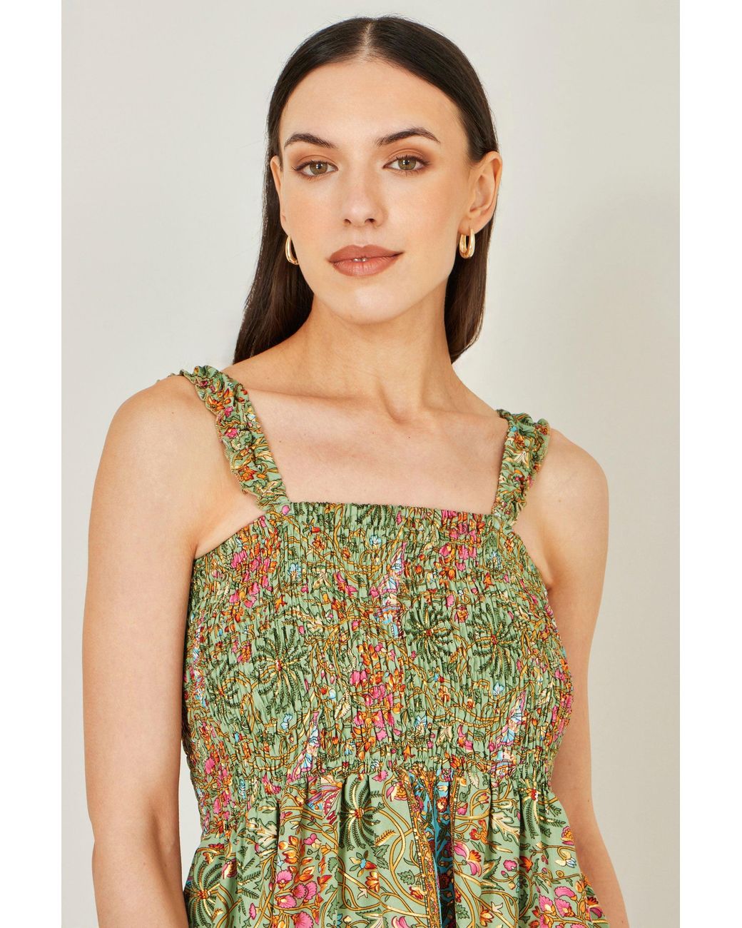Yumi' Green Foil Palm Print Ruched Maxi Dress With Border Detail