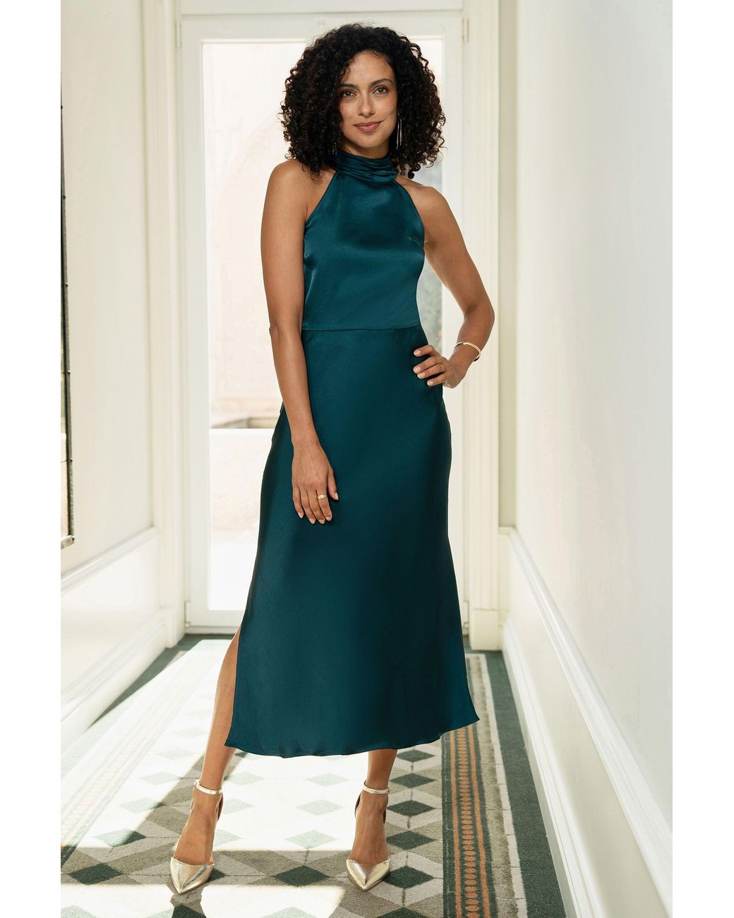 Yumi' Green Satin Halter Neck Midi Dress