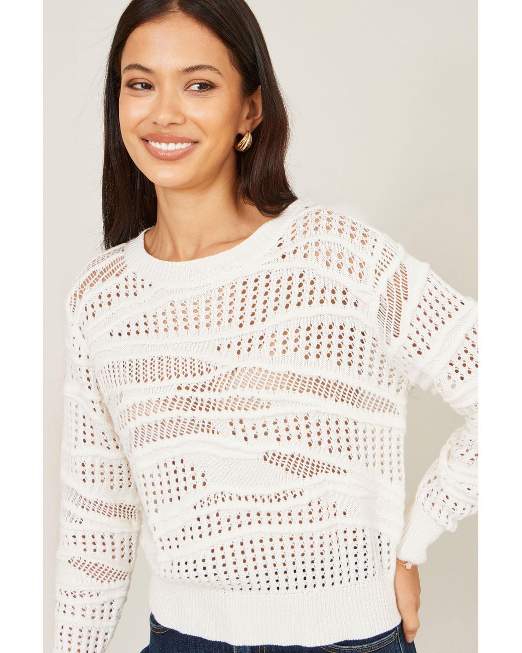 Yumi' White Wave Pointelle Knitted Jumper