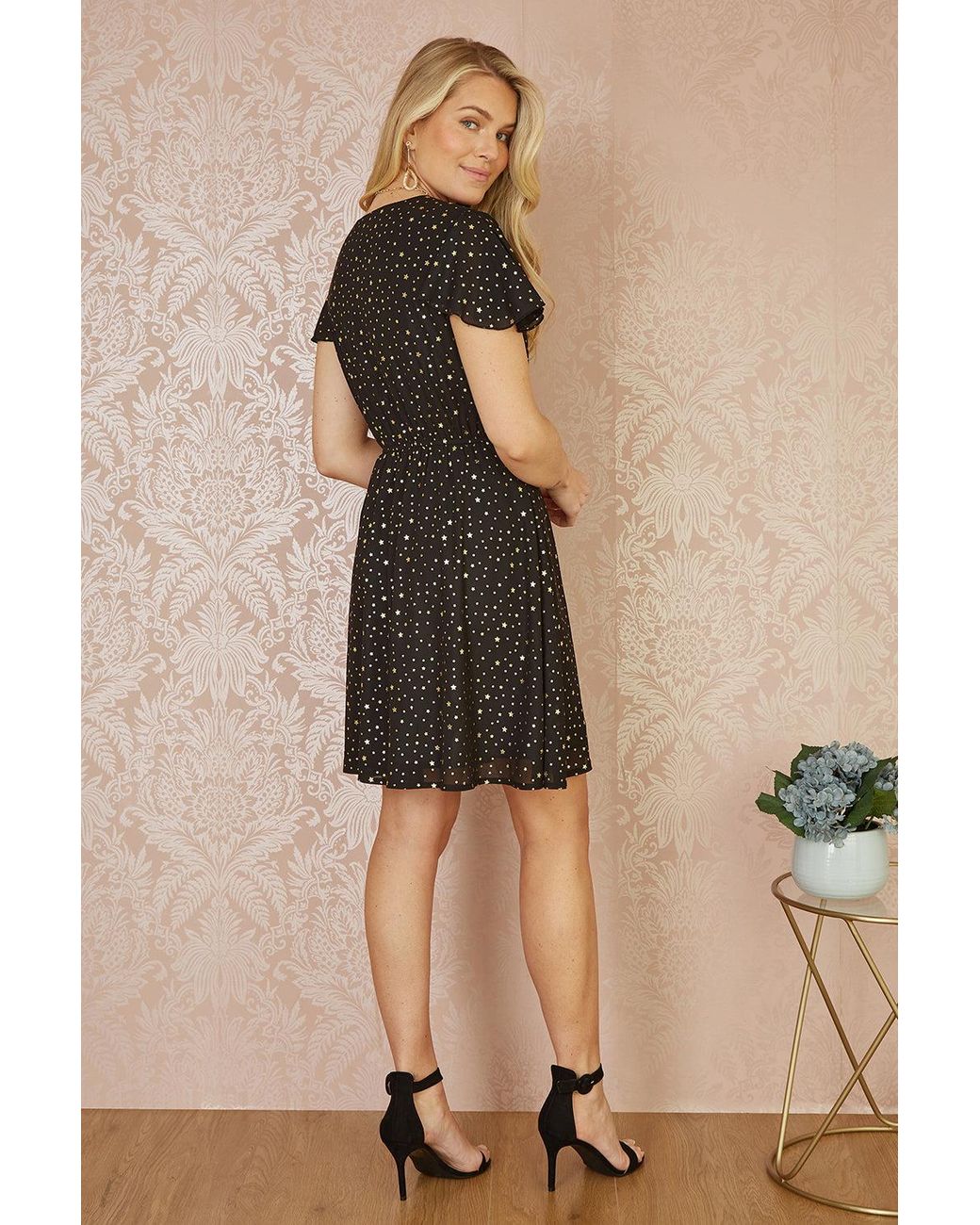 Yumi' Black Skater Dress With Mini Star Foil Print