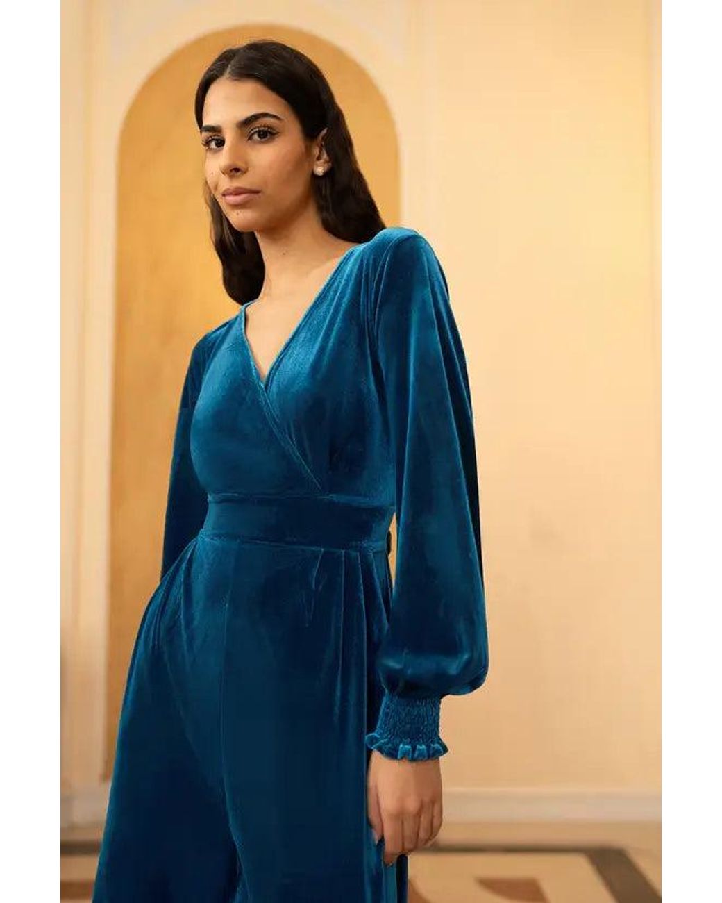 Yumi' Blue Velvet Long Sleeve Jumpsuit