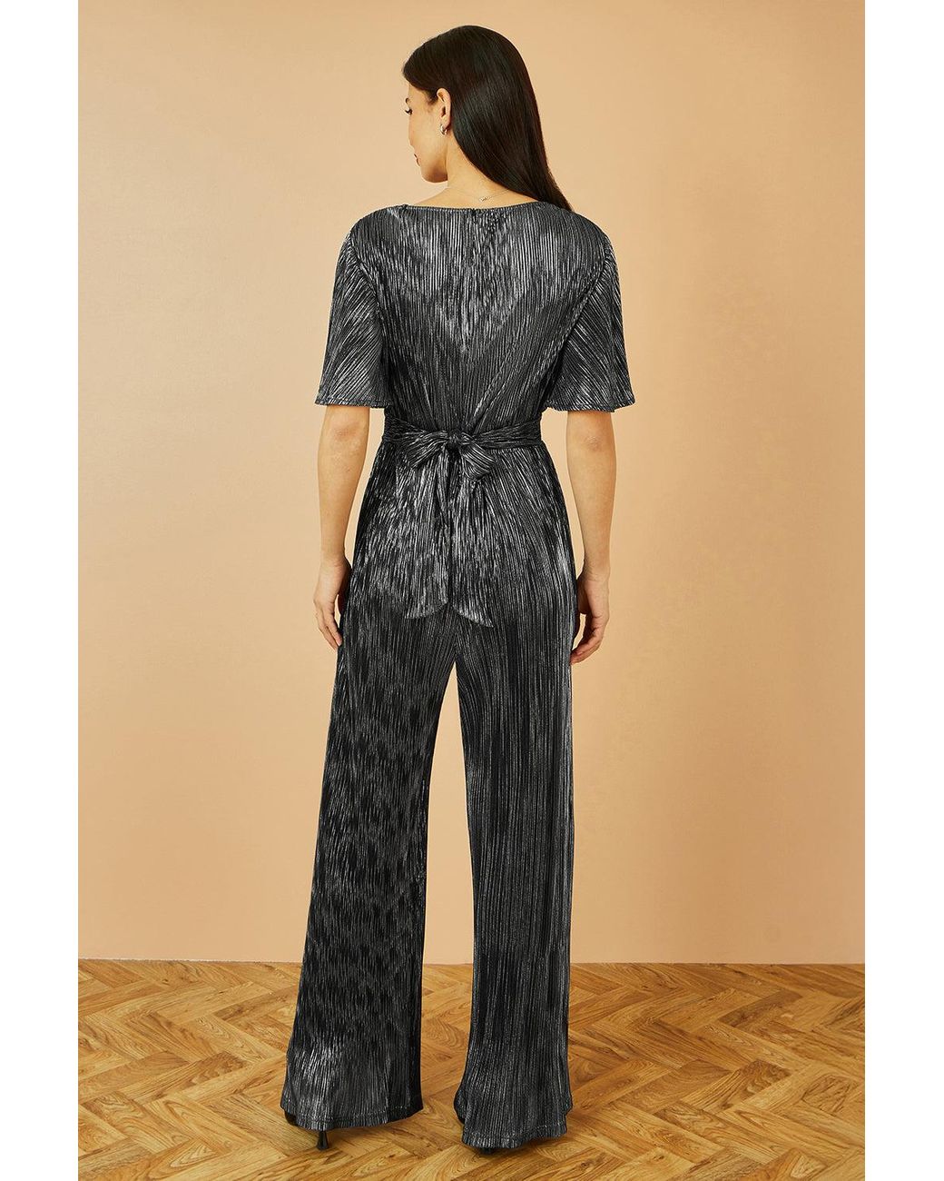 Yumi' Blue Metallic Pleated Jumpsuit With V Neck