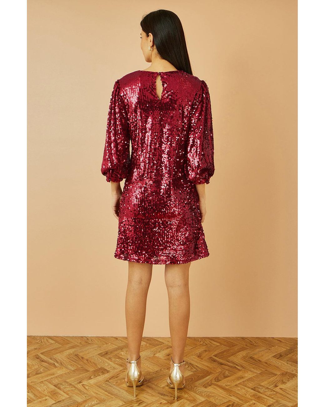 Yumi' Red Sequin Tunic Dress With Balloon Sleeves