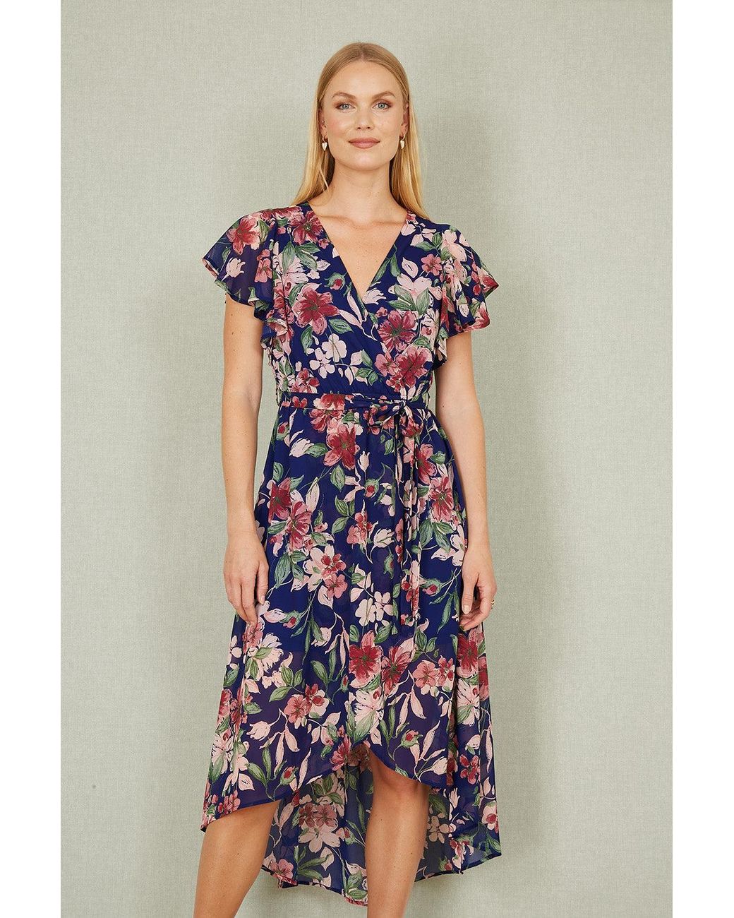 Yumi' Blue Floral Wrap Midi Dress With Frill Hem