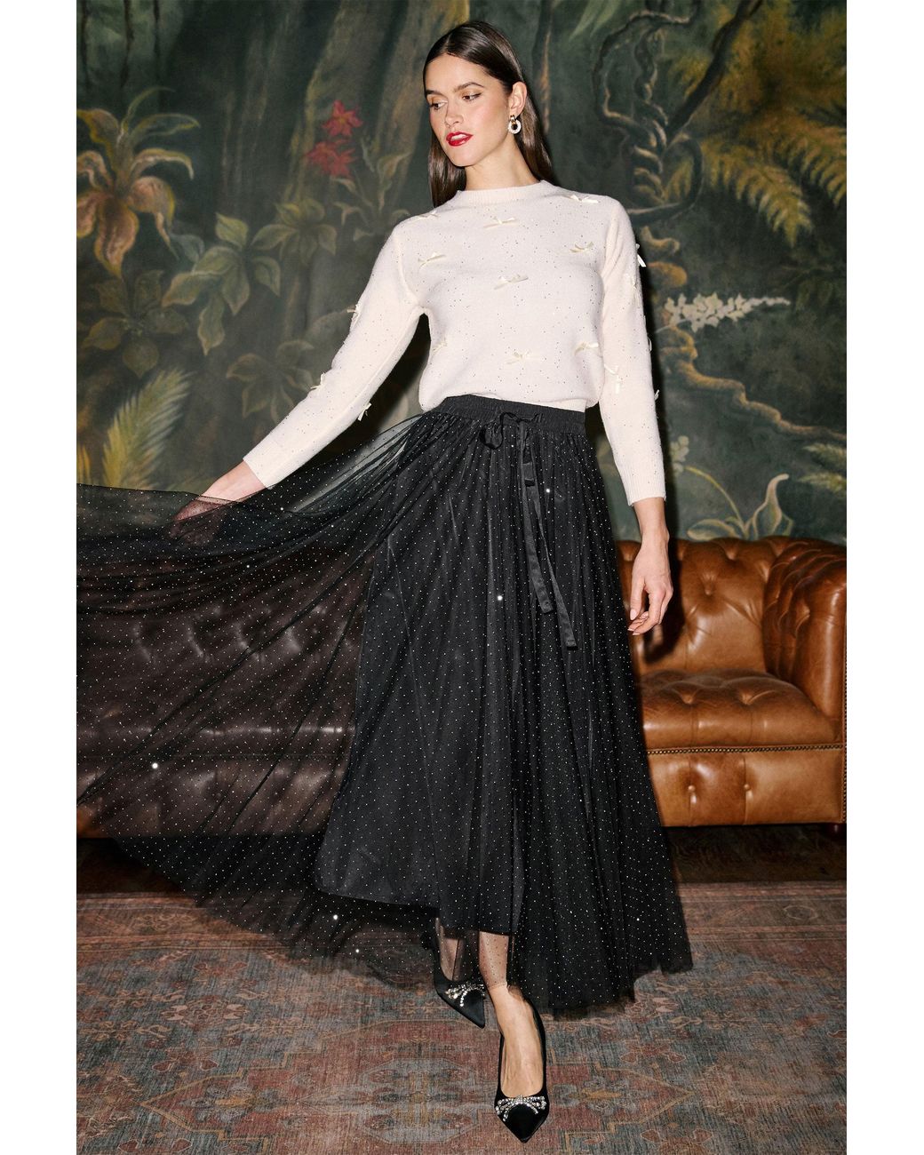 Yumi' Black Diamonte Tulle Midi Skirt
