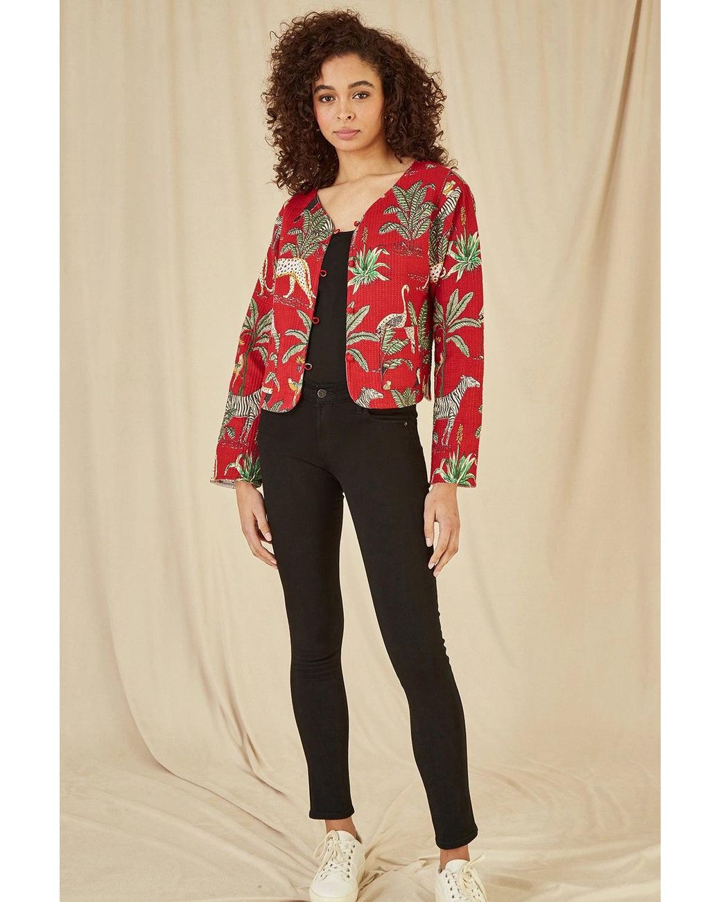 Yumi' Red Animal Print Reversible Cotton Cropped Quilted Jacket