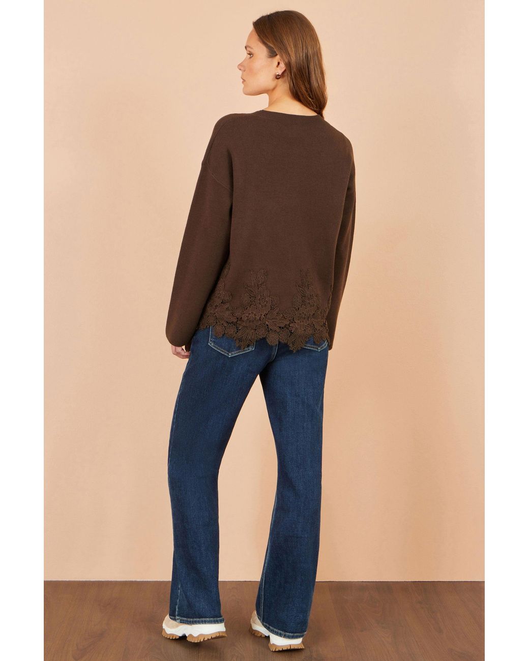 Yumi' Brown Viscose Relaxed Jumper With Lace Trim